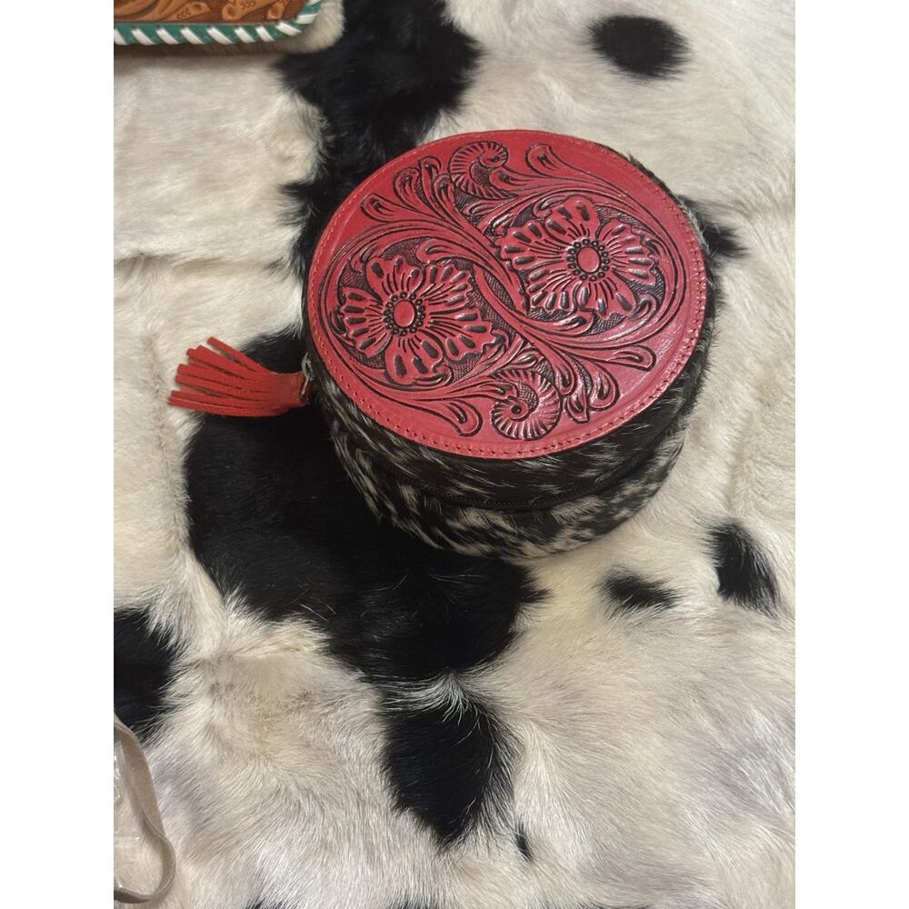 Handmade Red Leather Tooled Cow Hide Black White Jewelry Box Ring Travel Case